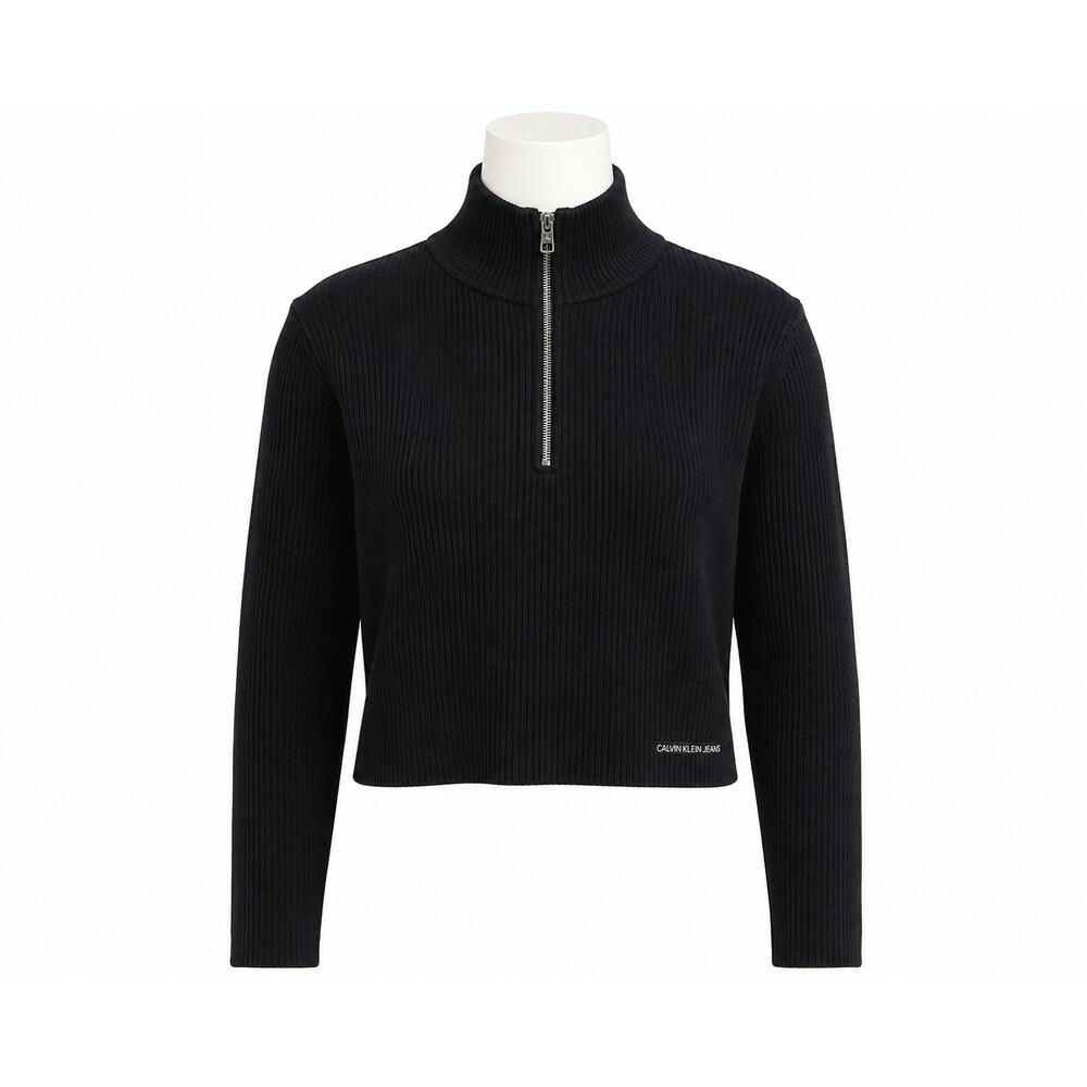 Calvin Klein XL Black Ribbed Cropped Half Zip Sweater - Size XL